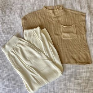 Two Piece Sweater Set, Camel Knit Top & White High Waisted Lounge Pants | Size S